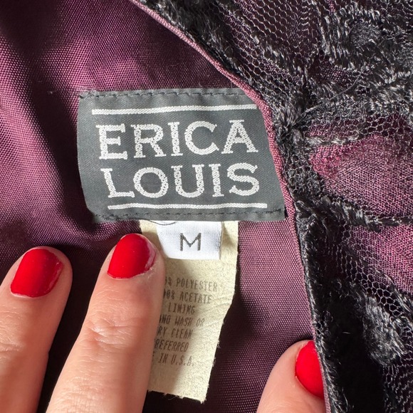 Vintage Erica Louis Lace Blouse M Burgundy Black Floral Sheer Goth Romantic USA - Picture 3 of 7